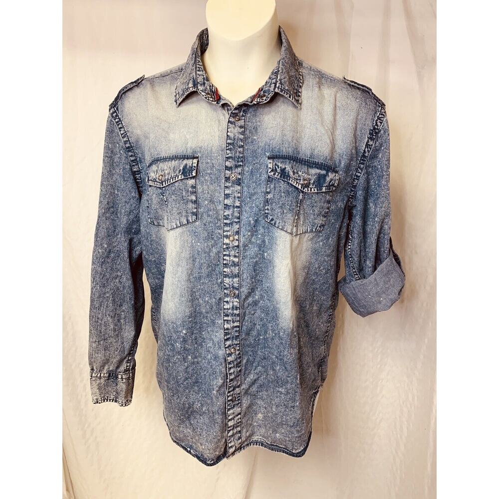 DRILL Clothing Company NYC Snap Distressed Blue 44" Chest Tab Sleeve Splatter